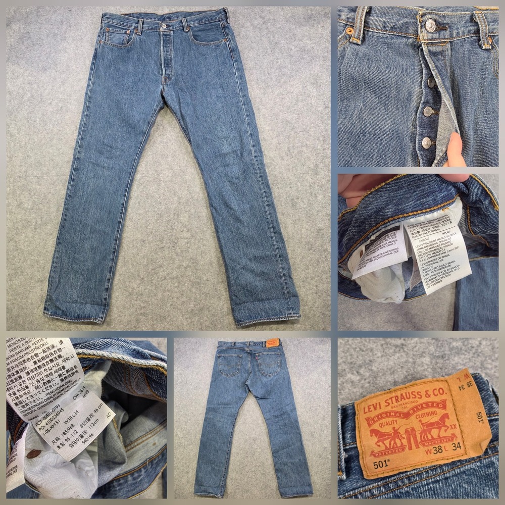 Levis 501 Jeans Mens 38x34 Blue Button Fly Straight Leg Medium Wash Denim